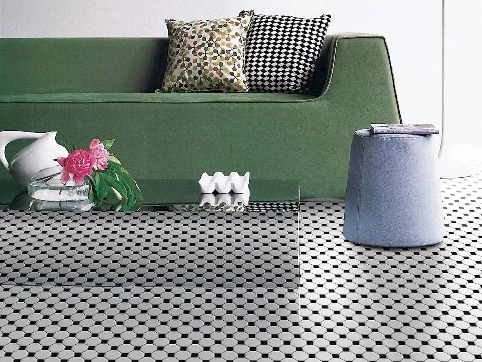 Basic Hexagon/Octagon Octagon Black and White Satin 12" x 12" HXY010004 Centura Other Mosaic Tiles