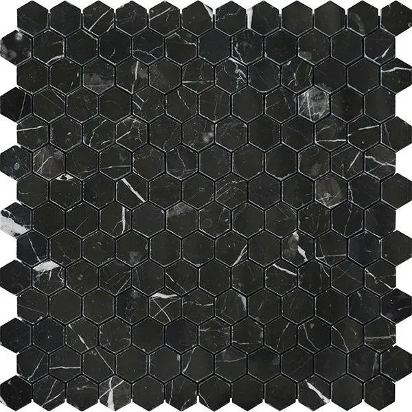 Terra Marble Nero Marquina Hexagon Polished 12" x 12" NEMAHEX Centura Hexagon Mosaic Tiles