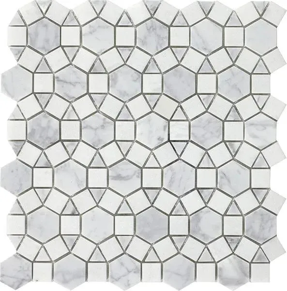 Miki Flower Carrara White & Crystal White Polished 11" x 12" WGMMFL006 Centura Hexagon Mosaic Tiles
