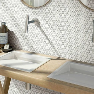 Image 3 of Miki Flower Snow White & Crystal White Polished 11" x 12" WGMMFL003 Centura Hexagon Mosaic Tiles sold at Floors & Baths Pro's