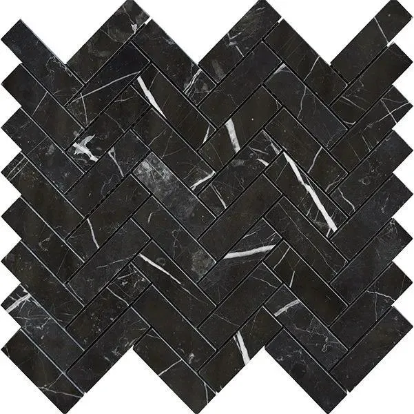 Terra Marble Nero Marquina Herringbone Polished 12" x 12" NEMAHE Centura Rectangle Mosaic Tiles