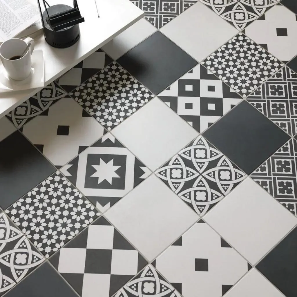 Ciment Corolle Blanc Noir Natural 8" x 8" (CIMCOR0808N) Traditional Look Floor Tiles