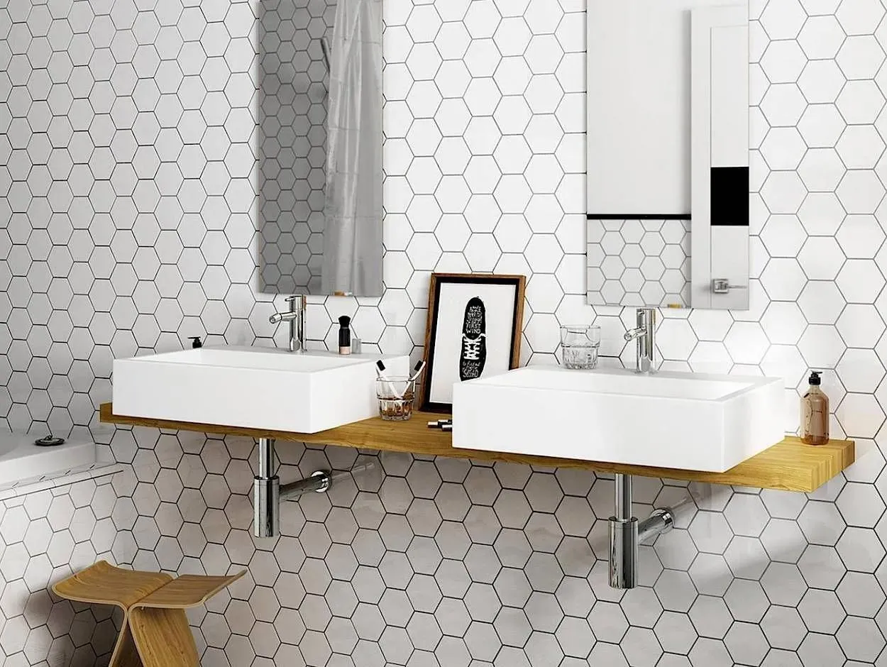 Scale Hexagon White Polished 4" x 5" (HE21911) Uniform Color Wall Tile
