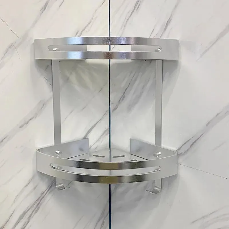 2-Tier Bathroom Corner Shelves with Hooks (Chromed)