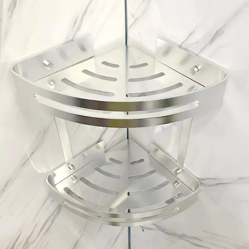 2-Tier Bathroom Corner Shelves with Hooks (Chromed)