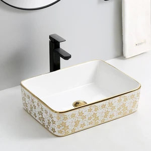 Ceramic Vessel Sink with Gold Edge and Flower Pattern | Floors & Baths Pro's