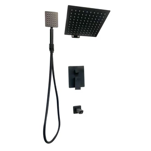  Wall Mounted Square Rain Showerhead with Hand Shower and Tub Spout in Black 