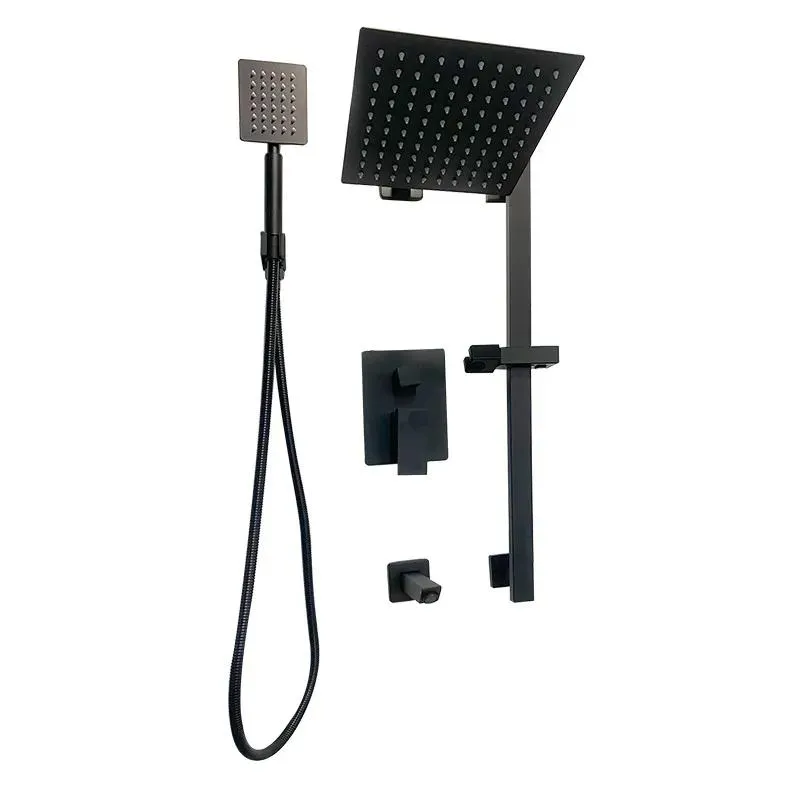 Wall Mounted Square Rain Showerhead with Hand Shower and Tub Spout in Black