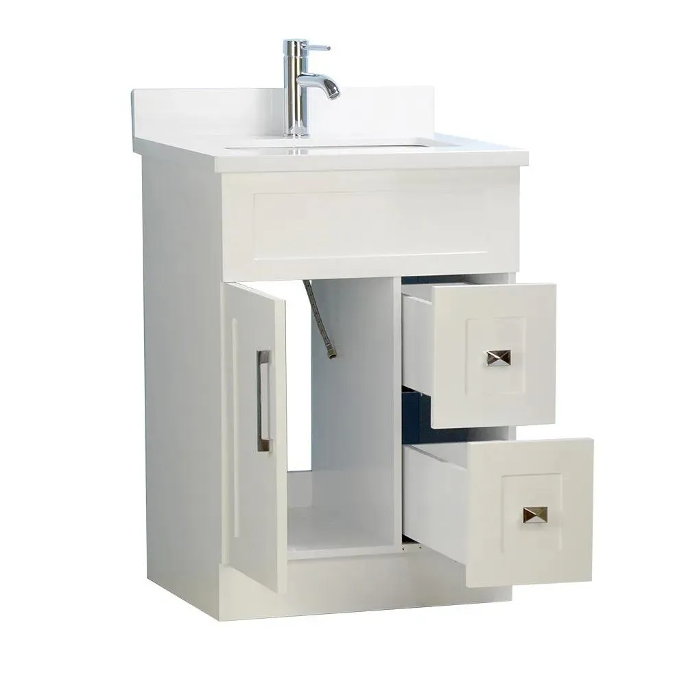 24" White Bathroom Vanity with Stone Top and 2 Drawers