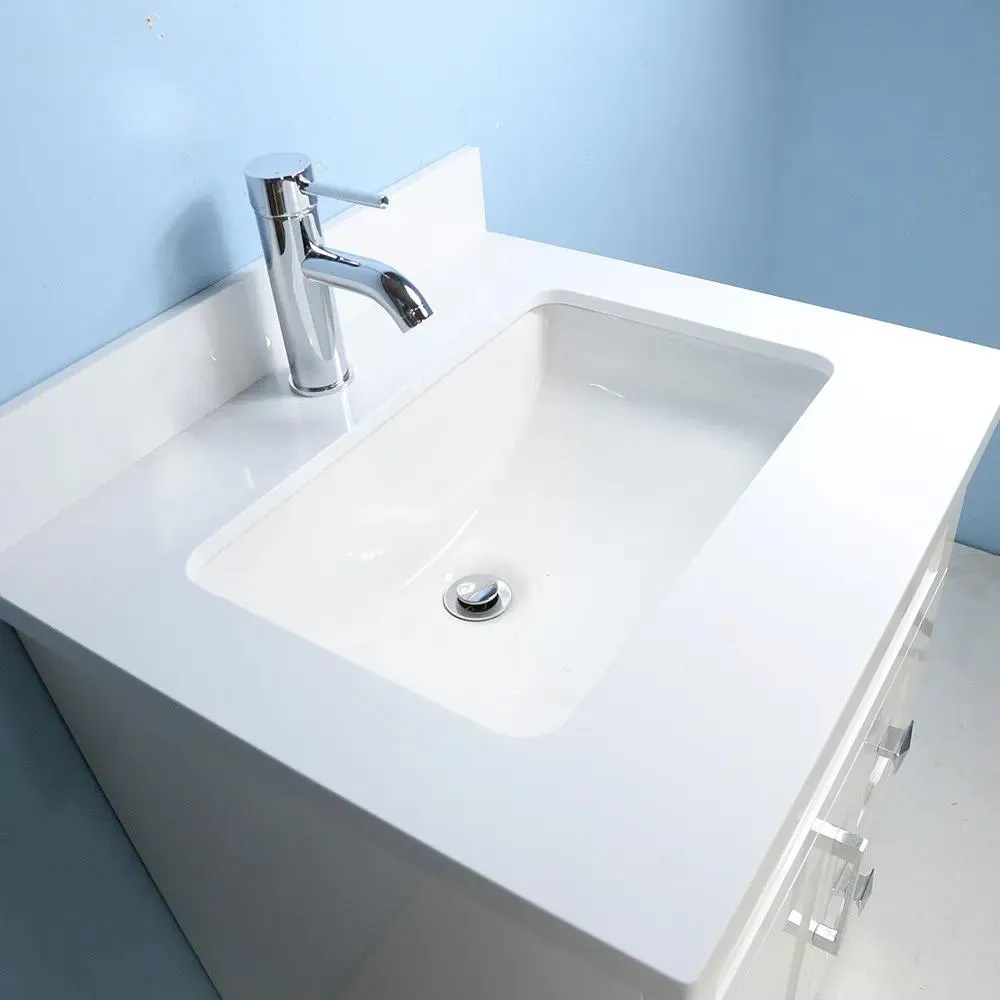 24" White Bathroom Vanity with Stone Top and 2 Drawers