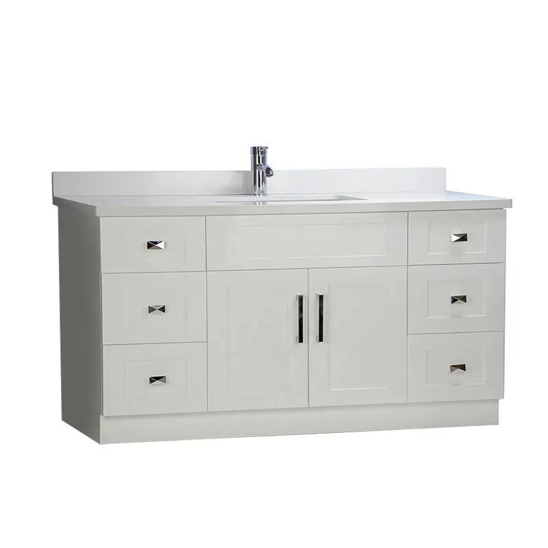 60" Shaker Style White Single Sink Vanity with Stone Top (6 drawers)