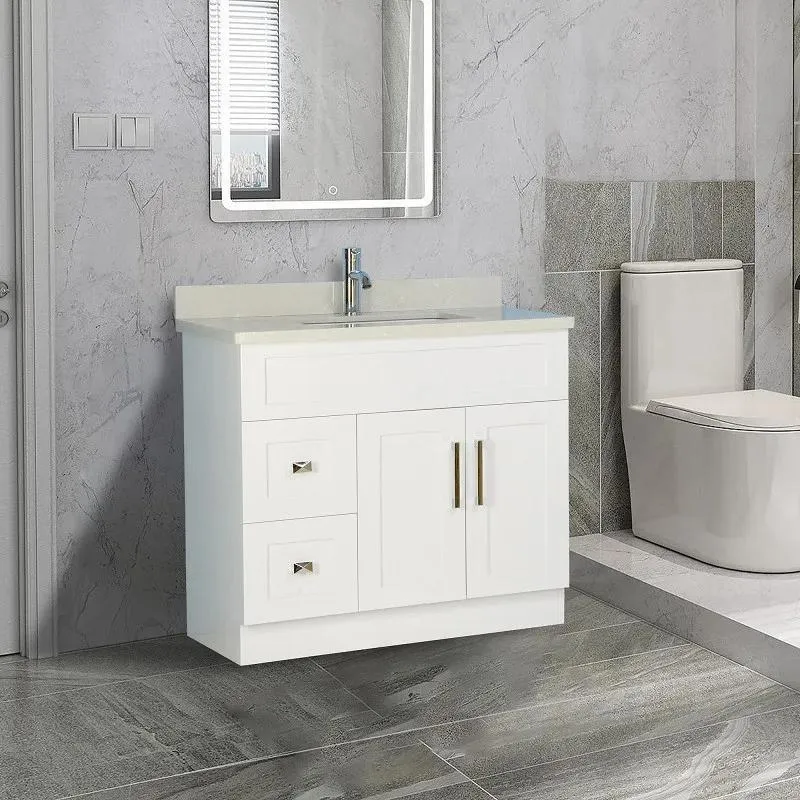 36" Shaker Style White Vanity with Stone Top (2 drawers)
