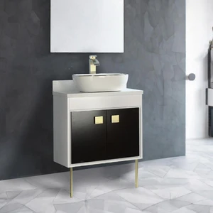  24" Wood White Vanity Base Black Door with Stone Top（Without Vessel Sink） 