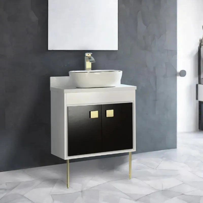 24" Wood White Vanity Base Black Door with Stone Top（Without Vessel Sink）