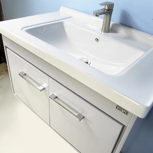 Image 2 of 32'' Wall-Mounted Solid Wood Grey Vanity with Ceramic Sink sold at Floors & Baths Pro's