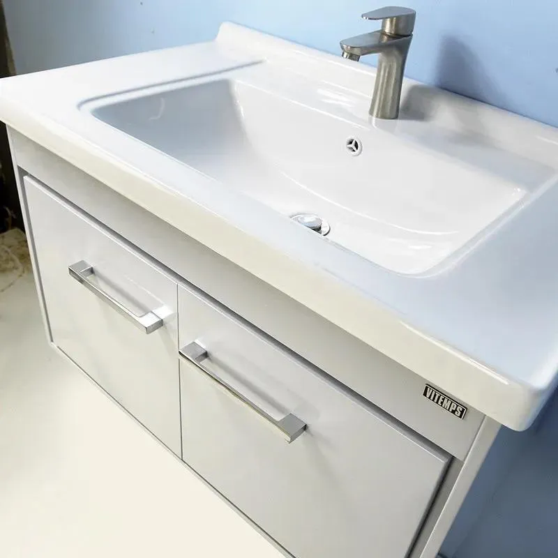 32'' Wall-Mounted Solid Wood Grey Vanity with Ceramic Sink