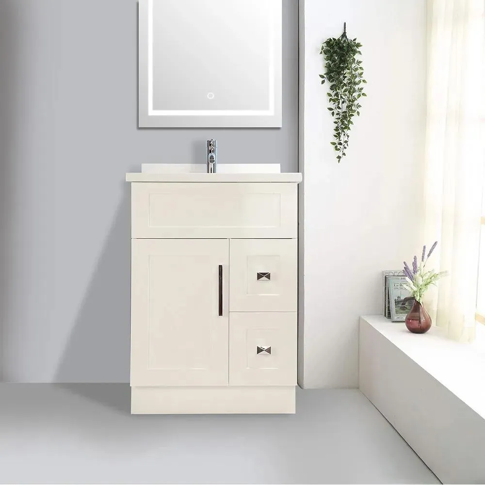 26" White Bathroom Vanity with Stone Top and 2 Drawers