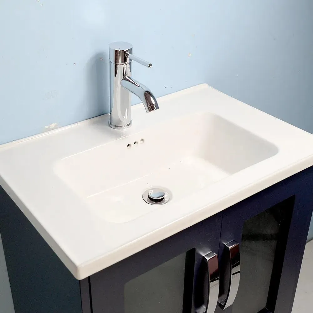 24" Dark Blue Open-shelf Narrow Depth Vanity with 1-piece Ceramic Top