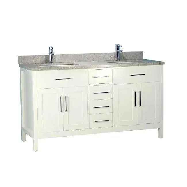60" Double-Sink Solid Wood White Vanity with Stone Top
