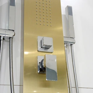 Image 4 of Aluminum Shower Panel with Heavy Rain Shower (Brush Gold/Black) sold at Floors & Baths Pro's
