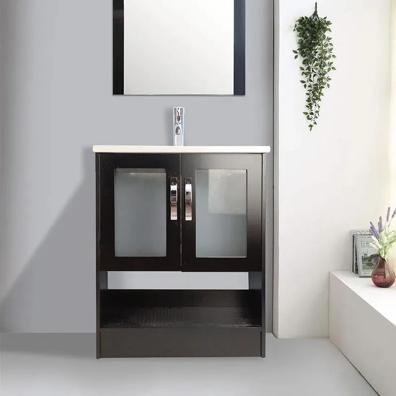 28" Espresso Open-shelf Narrow Depth Vanity with One-piece Ceramic Top