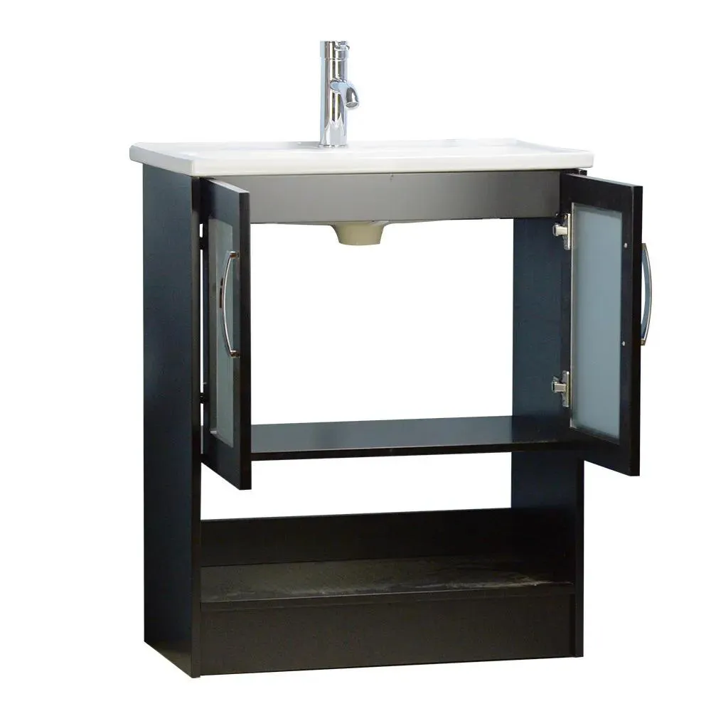 28" Espresso Open-shelf Narrow Depth Vanity with One-piece Ceramic Top