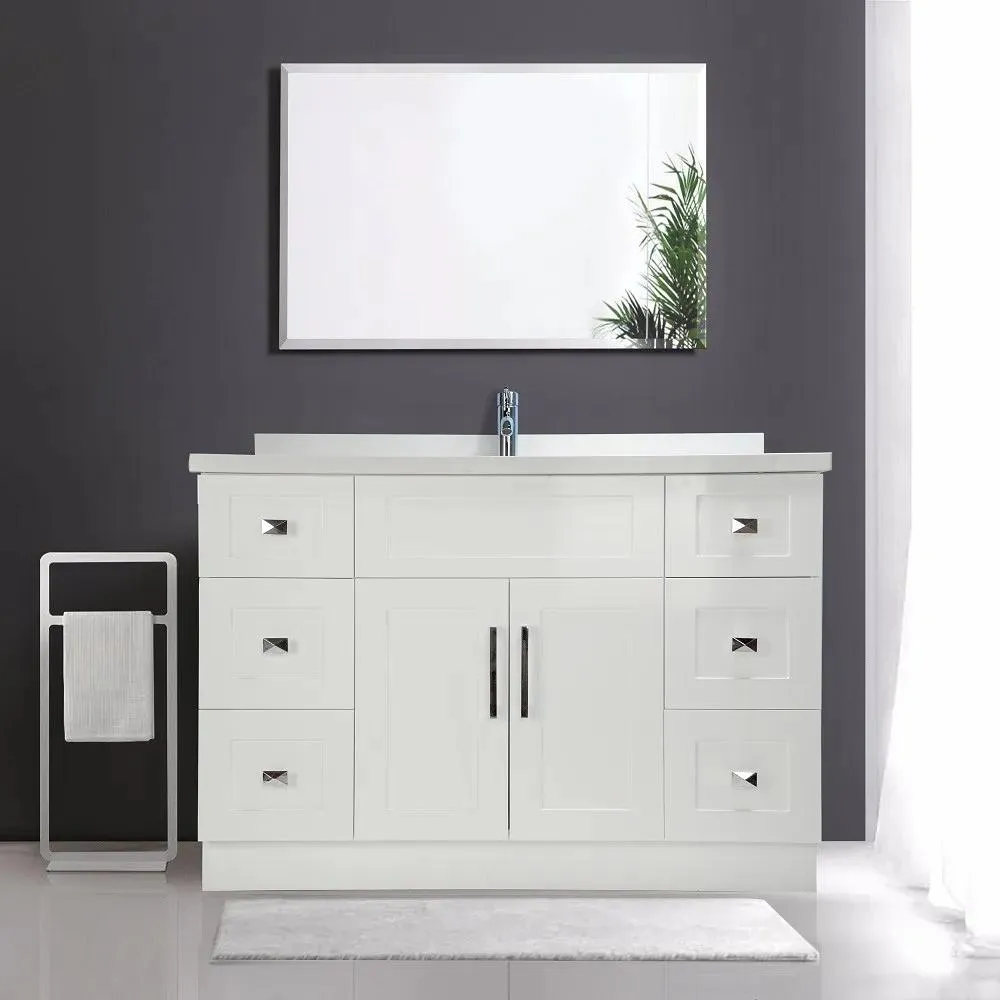 48" Shaker Style White Vanity with Stone Top (6 drawers)