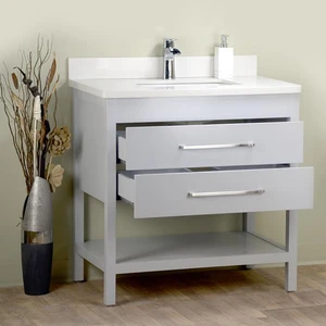Image 2 of 32'' Solid Wood Grey Vanity with Shelf sold at Floors & Baths Pro's