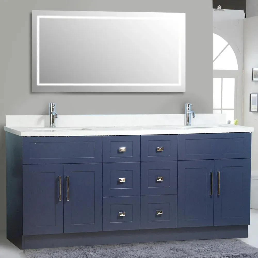 72" Shaker Style Dark Blue Double-Sink Vanity with Stone Top (6 drawers)