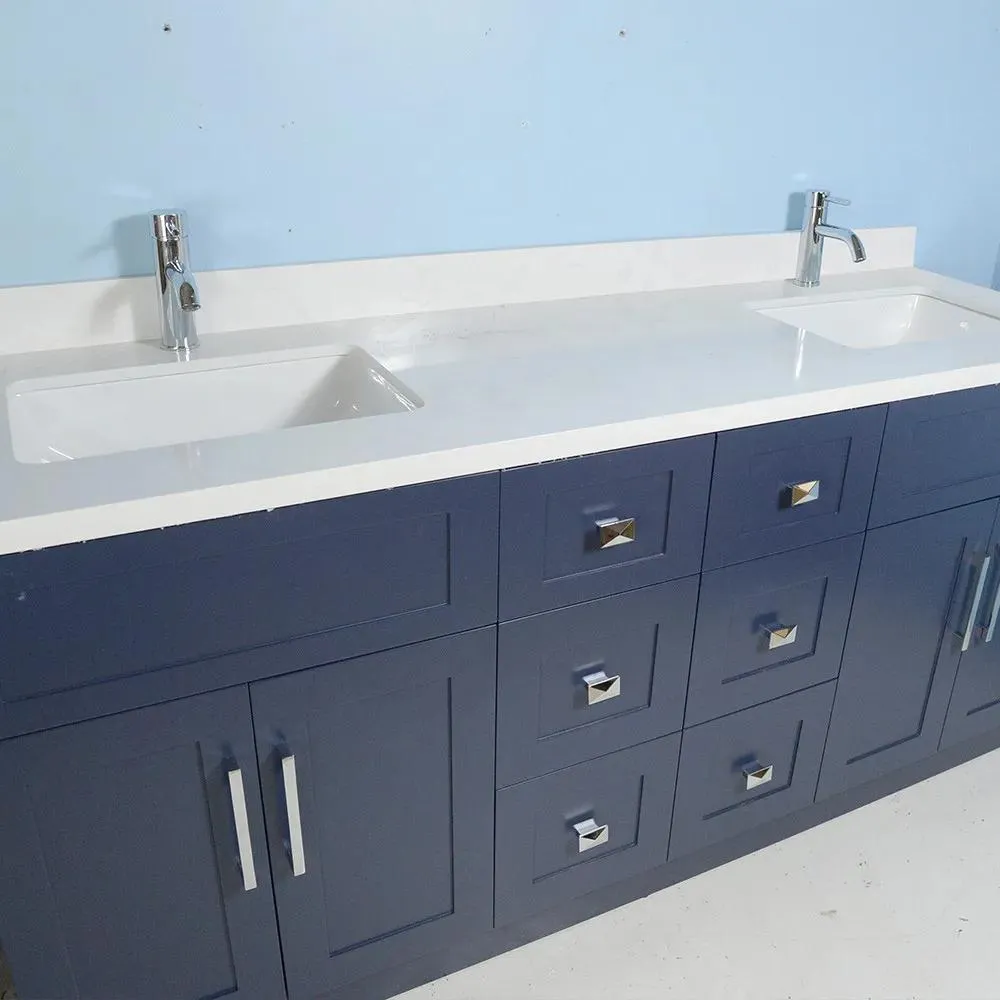 72" Shaker Style Dark Blue Double-Sink Vanity with Stone Top (6 drawers)
