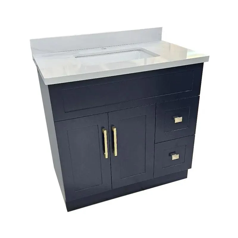 36" Shaker Style Dark Blue Vanity with Stone Top (2 drawers)