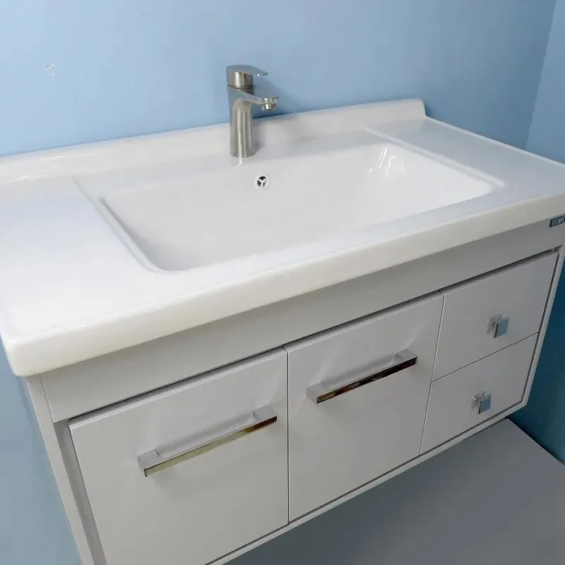 36'' Wall-Mounted Solid Wood Gray Vanity with Ceramic Sink