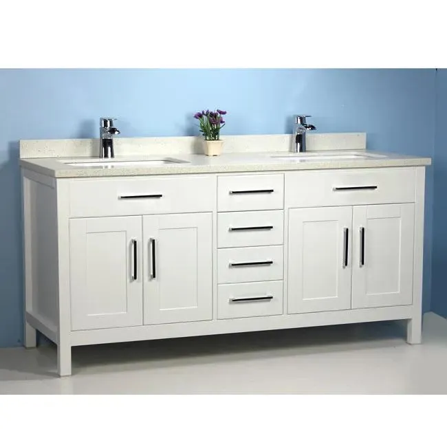 72" Double-Sink Solid Wood White Vanity with Stone Top