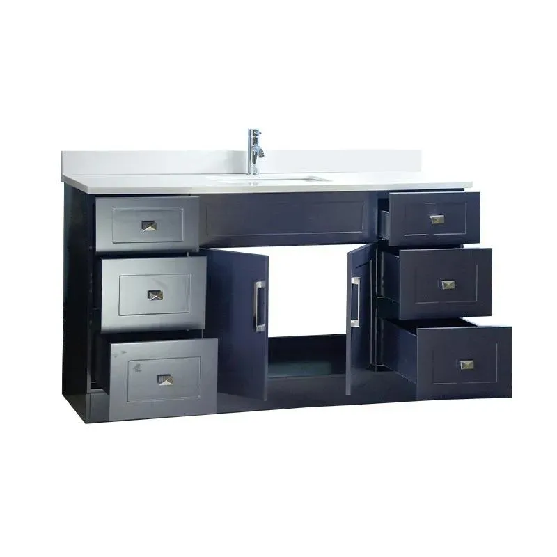 60" Shaker Style Navy Blue Single Sink Vanity with Stone Top (6 drawers)