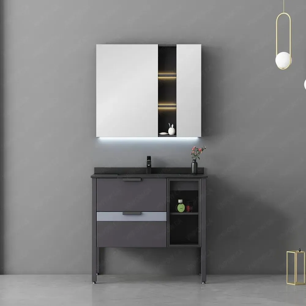 35" Amourte Dark Grey Solid Wood Vanity Set with LED Mirror Cabinet