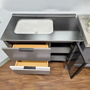 Image 2 of 35" Amourte Dark Grey Solid Wood Vanity Set with LED Mirror Cabinet sold at Floors & Baths Pro's