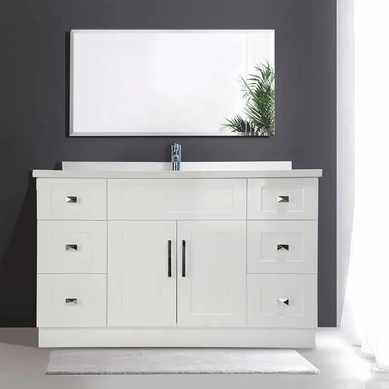 54" Shaker Style White Single-sink Vanity with Stone Top (6 drawers)