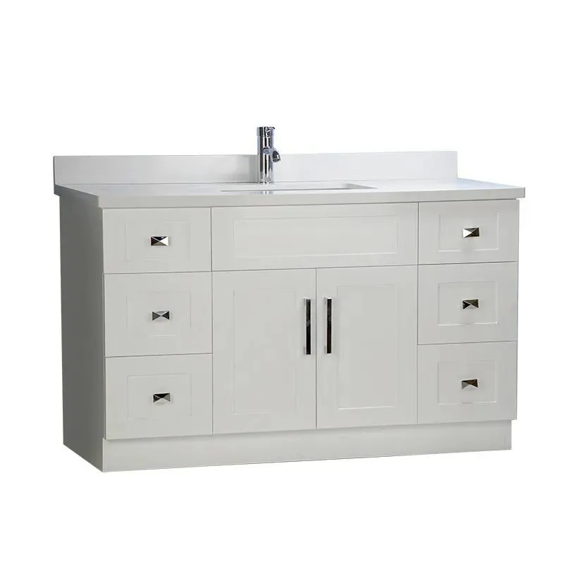 54" Shaker Style White Single-sink Vanity with Stone Top (6 drawers)
