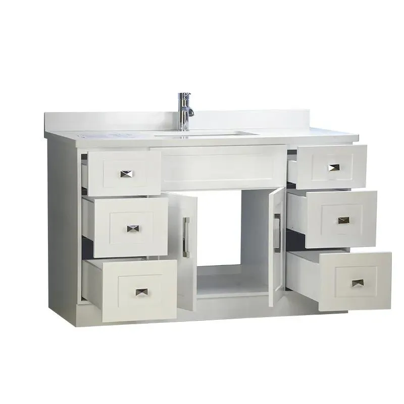 54" Shaker Style White Single-sink Vanity with Stone Top (6 drawers)