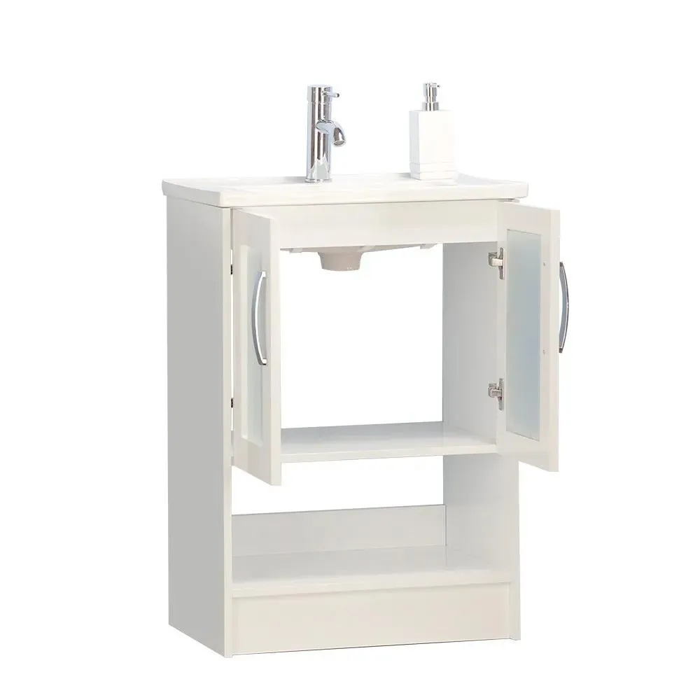 24" White Open-shelf Narrow Depth Vanity with One-piece Ceramic Top