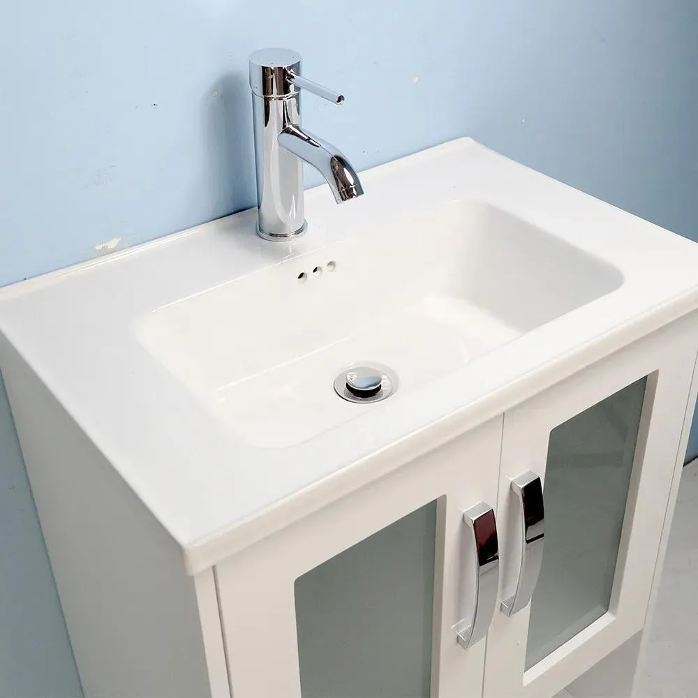 24" White Open-shelf Narrow Depth Vanity with One-piece Ceramic Top