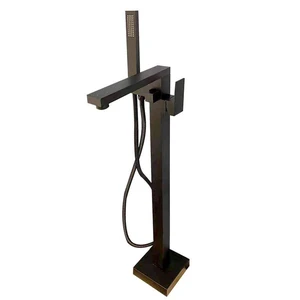  Freestanding Bath Square Shower Faucet with Hand Shower (Black) 