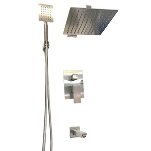  Wall Mounted Square Rain Showerhead 3-Way Shower System in Brush Nickel 