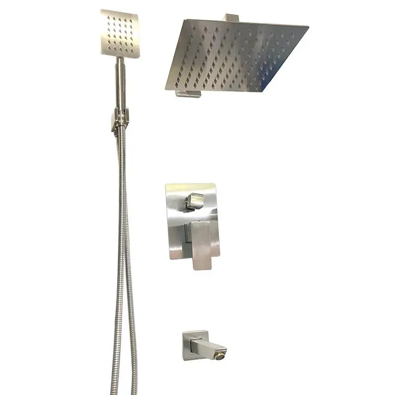Wall Mounted Square Rain Showerhead 3-Way Shower System in Brush Nickel