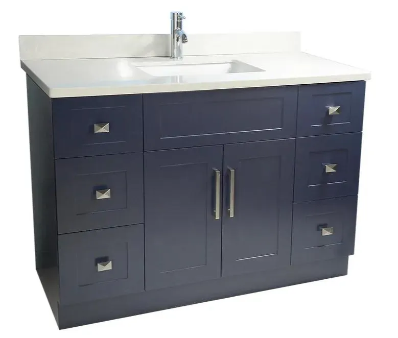 54" Shaker Style Blue Single-sink Vanity with Stone Top (6 drawers)