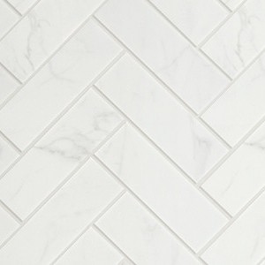 backsplash mosaic tiles Statuario Herringbone Porcelain Polished, Matte 2" X 6" Tile | Neshada | Floors & Baths Pro's